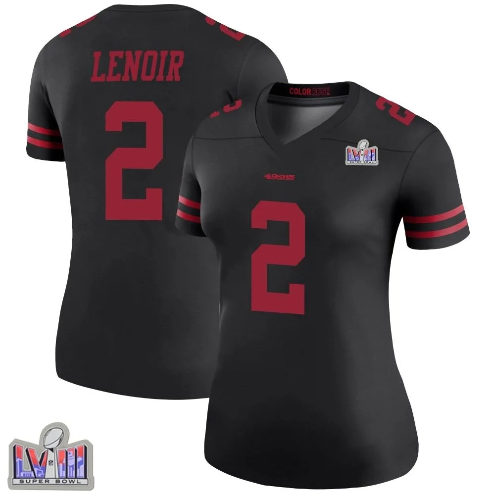 Women's San Francisco 49ers Deommodore Lenoir Nike Color Rush Super Bowl LVIII Patch Legend Black Jersey Women's San Francisco 49ers Deommodore Lenoir Nike Color Rush Super Bowl LVIII Patch Legend Black Jersey