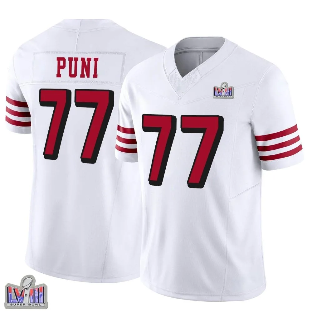 Men's San Francisco 49ers Dominick Puni Nike Alternate Vapor F.U.S.E. Super Bowl LVIII Patch Limited White Jersey Men's San Francisco 49ers Dominick Puni Nike Alternate Vapor F.U.S.E. Super Bowl LVIII Patch Limited White Jersey