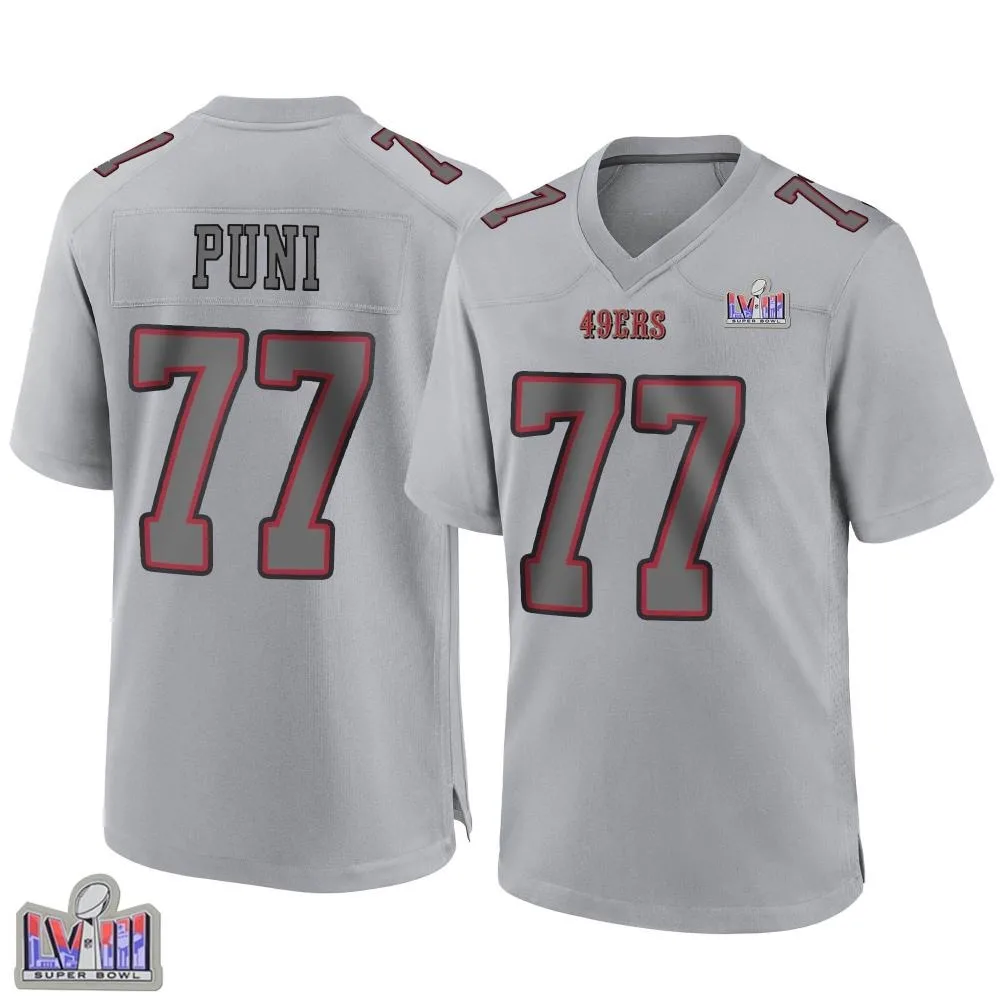 Men's San Francisco 49ers Dominick Puni Nike Atmosphere Fashion Super Bowl LVIII Patch Game Gray Jersey Men's San Francisco 49ers Dominick Puni Nike Atmosphere Fashion Super Bowl LVIII Patch Game Gray Jersey