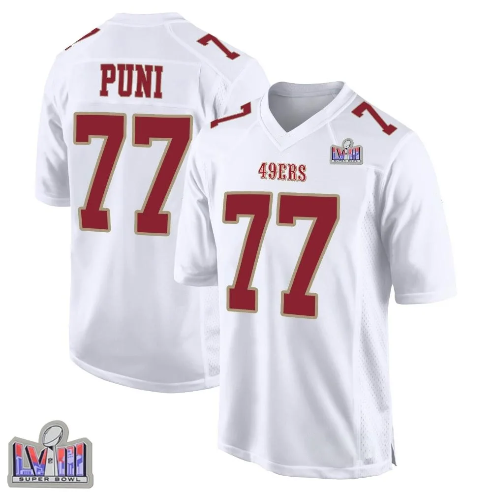 Men's San Francisco 49ers Dominick Puni Nike Fashion Super Bowl LVIII Patch Game White Jersey Men's San Francisco 49ers Dominick Puni Nike Fashion Super Bowl LVIII Patch Game White Jersey