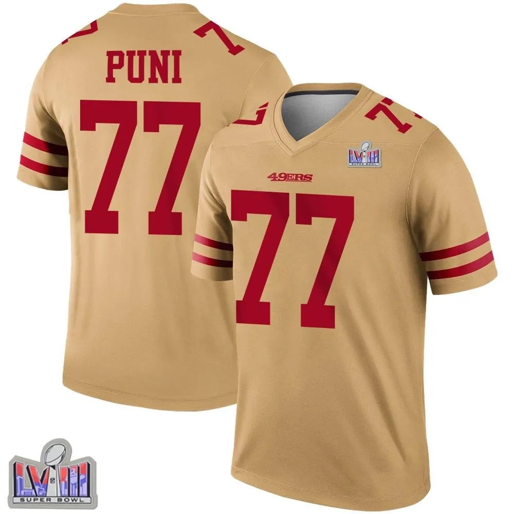 Men's San Francisco 49ers Dominick Puni Nike Inverted Super Bowl LVIII Patch Legend Gold Jersey Men's San Francisco 49ers Dominick Puni Nike Inverted Super Bowl LVIII Patch Legend Gold Jersey