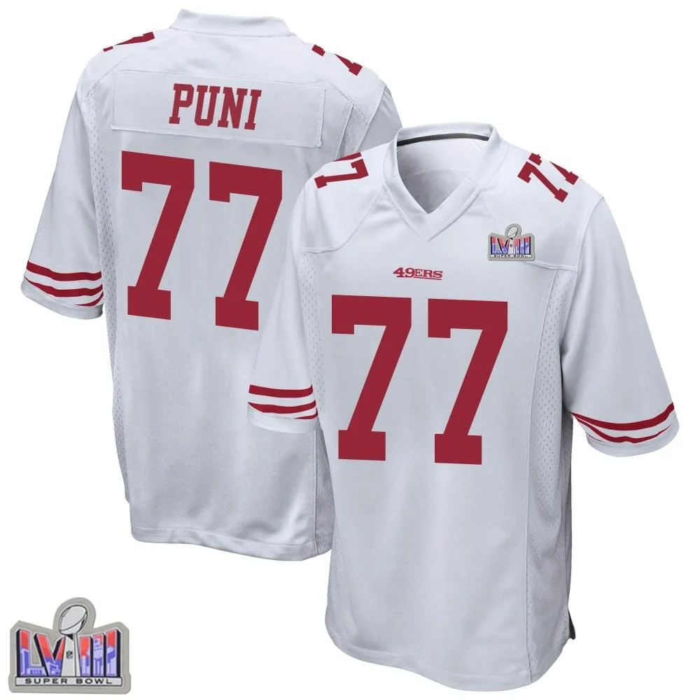 Men's San Francisco 49ers Dominick Puni Nike Super Bowl LVIII Patch Game White Jersey Men's San Francisco 49ers Dominick Puni Nike Super Bowl LVIII Patch Game White Jersey