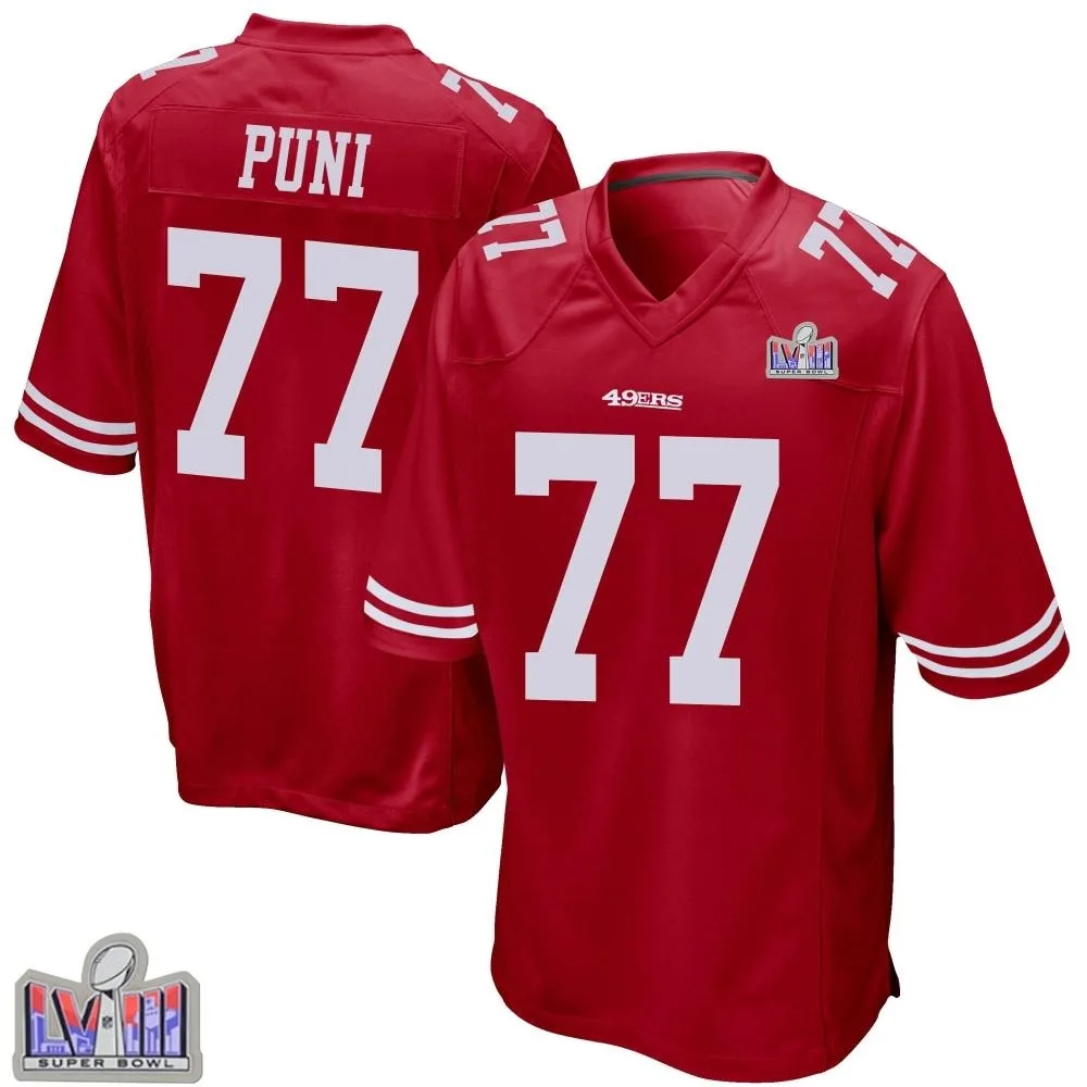 Men's San Francisco 49ers Dominick Puni Nike Team Color Super Bowl LVIII Patch Game Red Jersey Men's San Francisco 49ers Dominick Puni Nike Team Color Super Bowl LVIII Patch Game Red Jersey