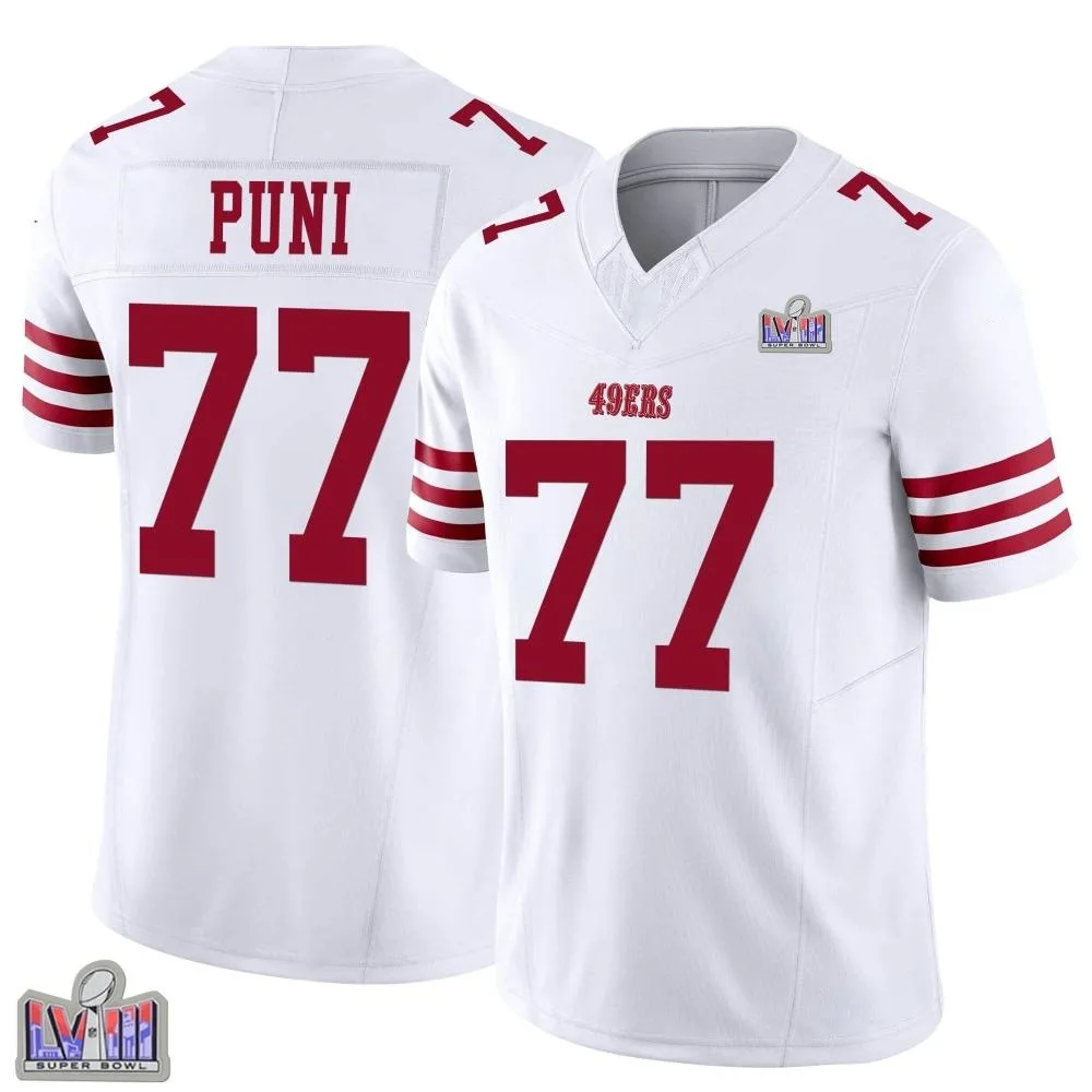 Men's San Francisco 49ers Dominick Puni Nike Vapor F.U.S.E. Super Bowl LVIII Patch Limited White Jersey Men's San Francisco 49ers Dominick Puni Nike Vapor F.U.S.E. Super Bowl LVIII Patch Limited White Jersey