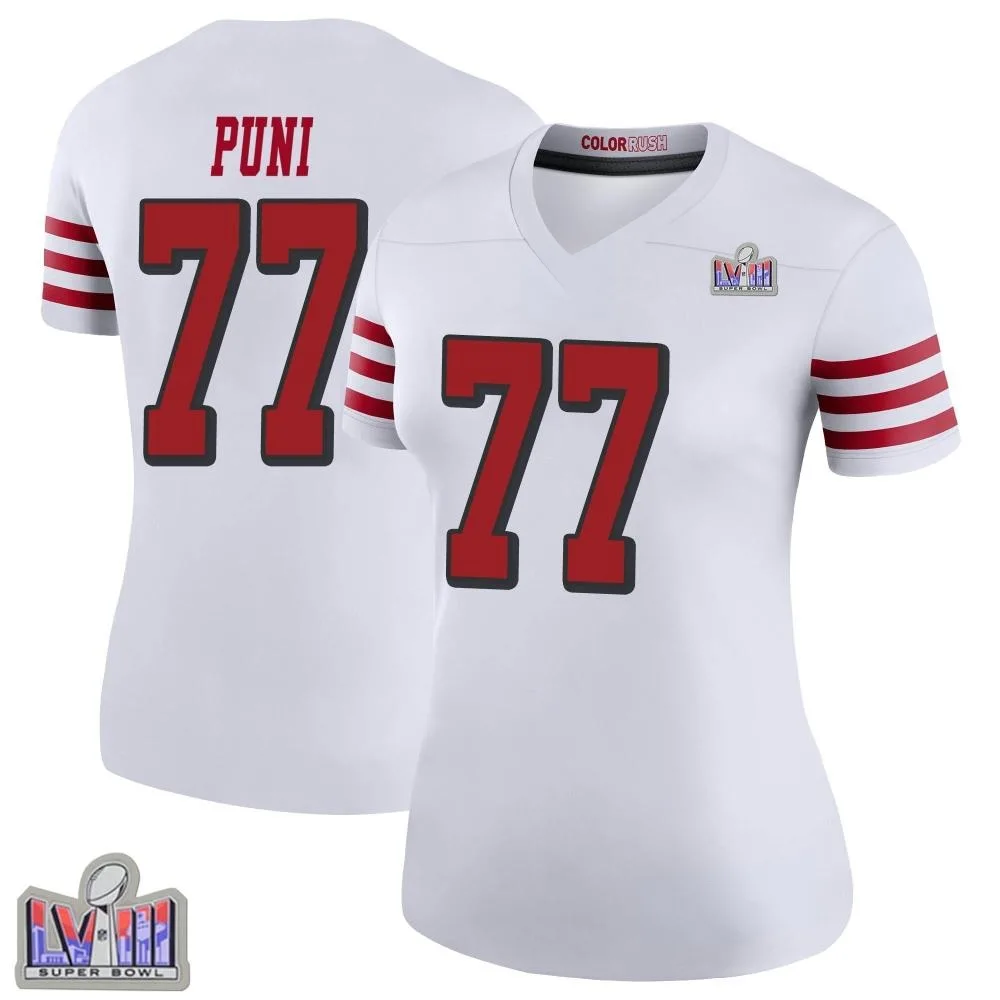 Women's San Francisco 49ers Dominick Puni Nike Color Rush Super Bowl LVIII Patch Legend White Jersey Women's San Francisco 49ers Dominick Puni Nike Color Rush Super Bowl LVIII Patch Legend White Jersey