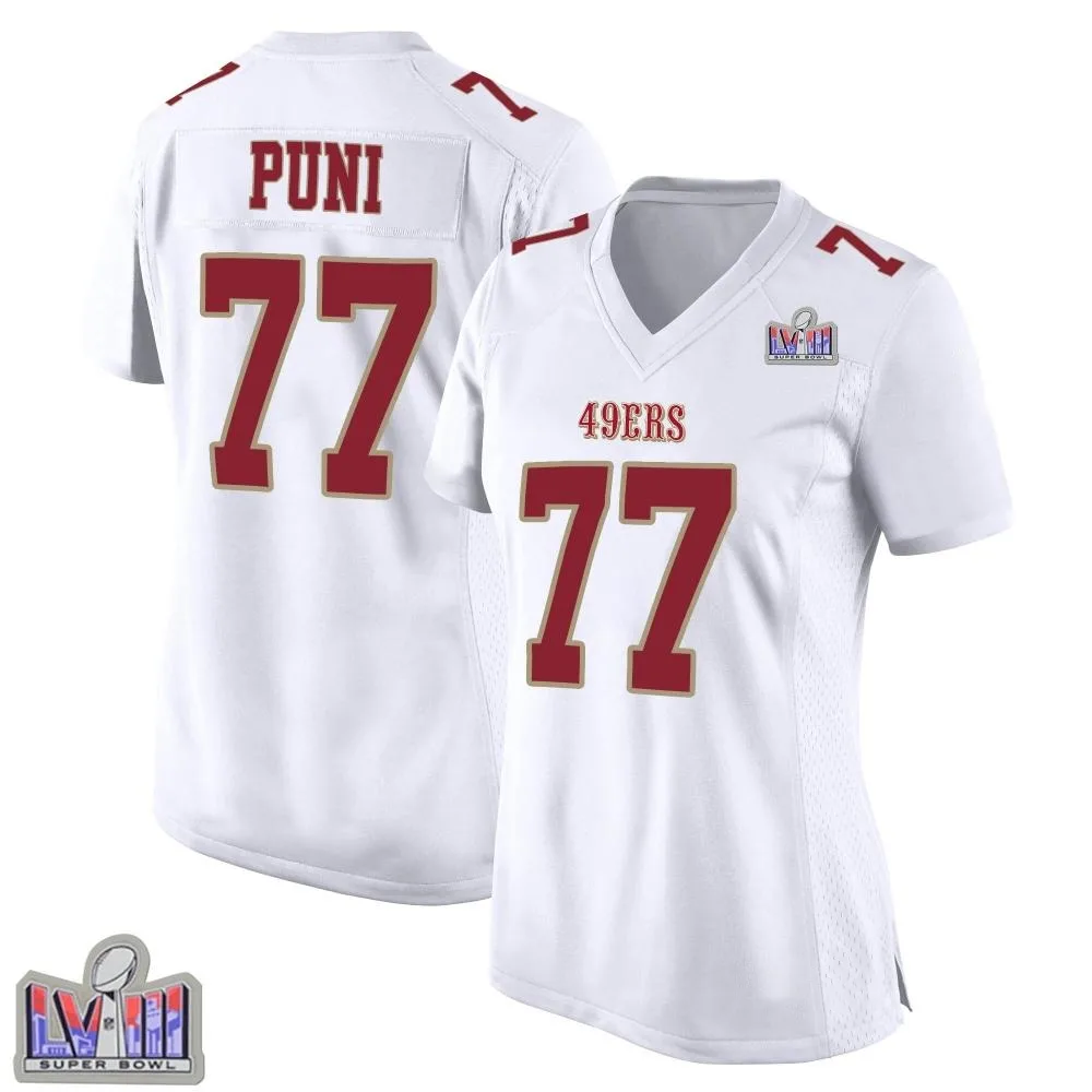 Women's San Francisco 49ers Dominick Puni Nike Fashion Super Bowl LVIII Patch Game White Jersey Women's San Francisco 49ers Dominick Puni Nike Fashion Super Bowl LVIII Patch Game White Jersey