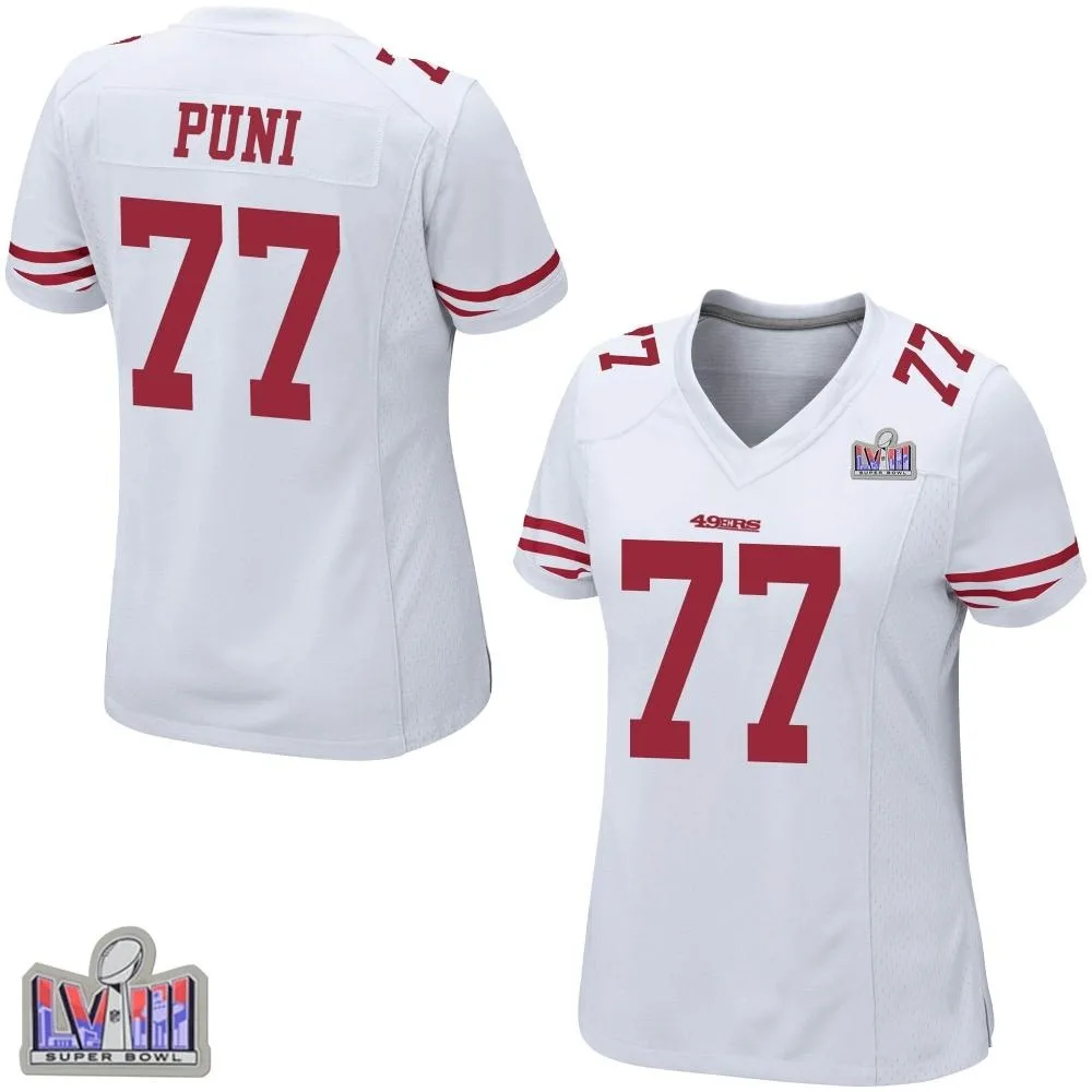Women's San Francisco 49ers Dominick Puni Nike Super Bowl LVIII Patch Game White Jersey Women's San Francisco 49ers Dominick Puni Nike Super Bowl LVIII Patch Game White Jersey