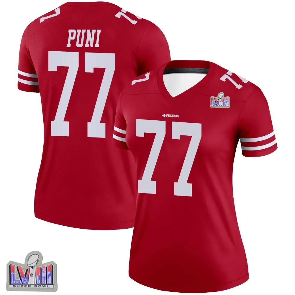 Women's San Francisco 49ers Dominick Puni Nike Super Bowl LVIII Patch Legend Scarlet Jersey Women's San Francisco 49ers Dominick Puni Nike Super Bowl LVIII Patch Legend Scarlet Jersey