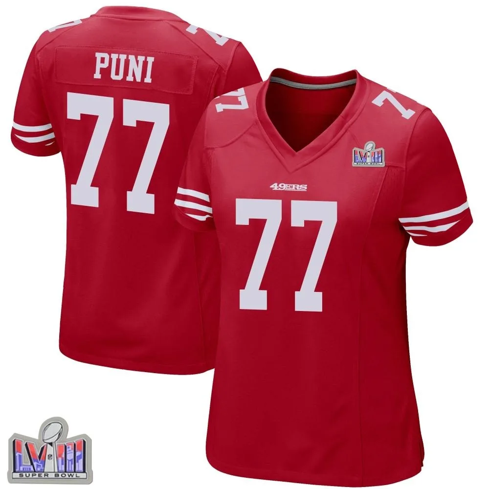 Women's San Francisco 49ers Dominick Puni Nike Team Color Super Bowl LVIII Patch Game Red Jersey Women's San Francisco 49ers Dominick Puni Nike Team Color Super Bowl LVIII Patch Game Red Jersey