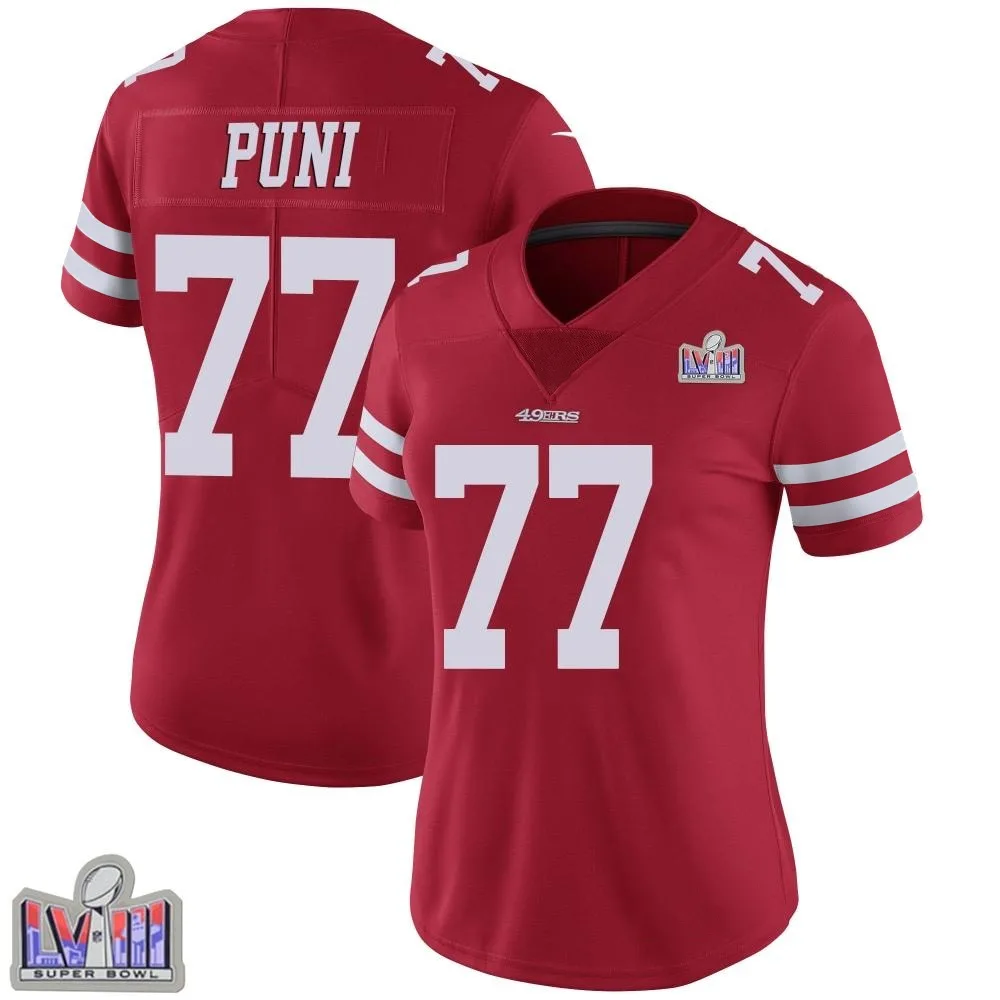 Women's San Francisco 49ers Dominick Puni Nike Team Color Vapor Untouchable Super Bowl LVIII Patch Limited Red Jersey Women's San Francisco 49ers Dominick Puni Nike Team Color Vapor Untouchable Super Bowl LVIII Patch Limited Red Jersey