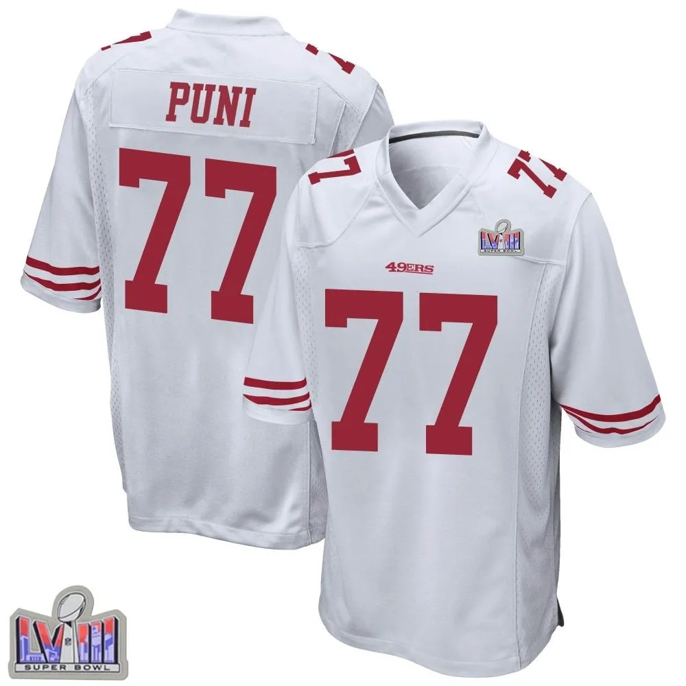 Youth San Francisco 49ers Dominick Puni Nike Super Bowl LVIII Patch Game White Jersey Youth San Francisco 49ers Dominick Puni Nike Super Bowl LVIII Patch Game White Jersey