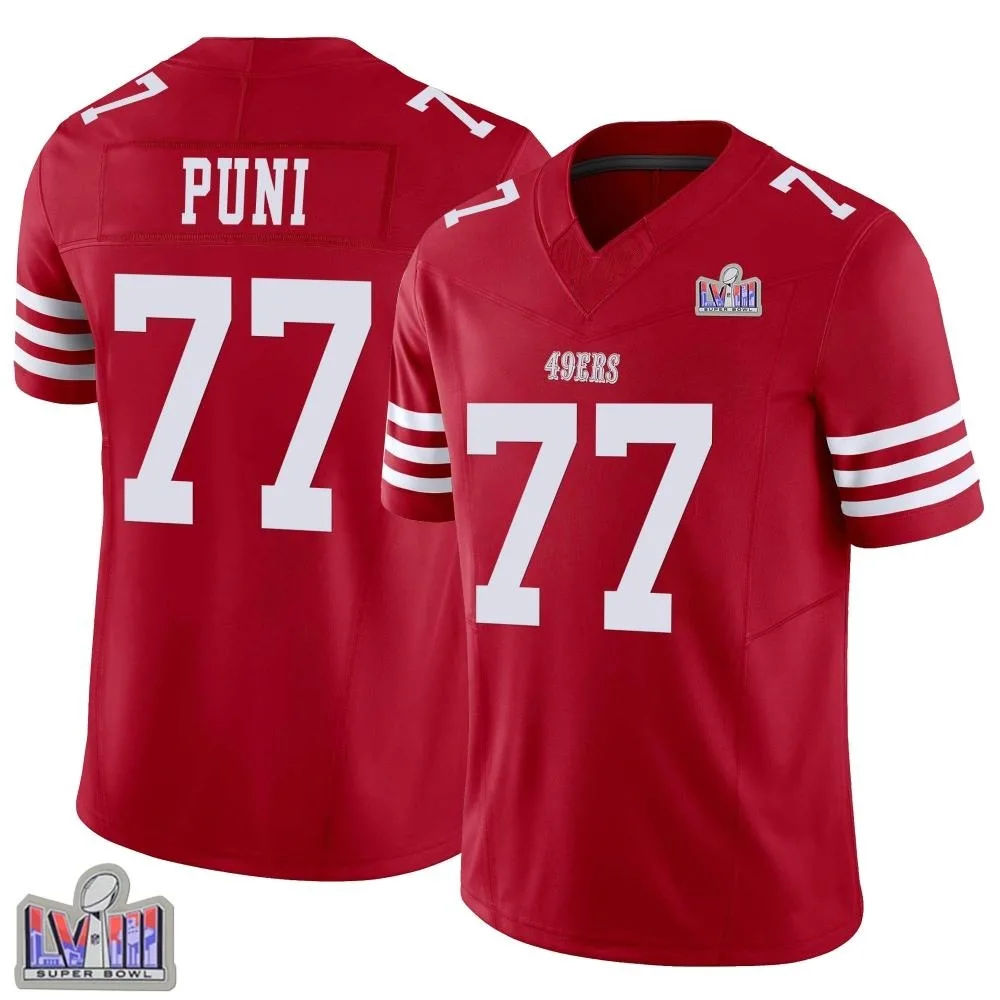 Youth San Francisco 49ers Dominick Puni Nike Vapor F.U.S.E. Super Bowl LVIII Patch Limited Scarlet Jersey Youth San Francisco 49ers Dominick Puni Nike Vapor F.U.S.E. Super Bowl LVIII Patch Limited Scarlet Jersey