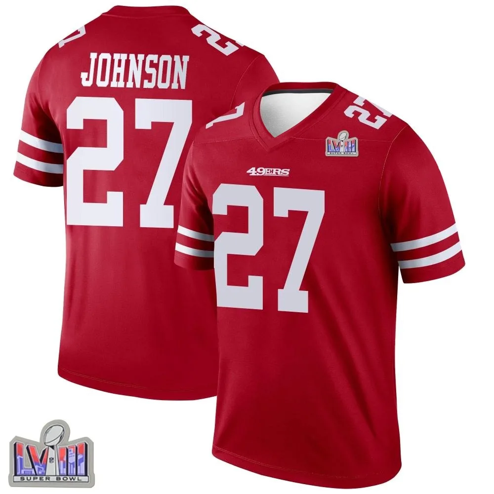 Men's San Francisco 49ers Dontae Johnson Nike Super Bowl LVIII Patch Legend Scarlet Jersey Men's San Francisco 49ers Dontae Johnson Nike Super Bowl LVIII Patch Legend Scarlet Jersey