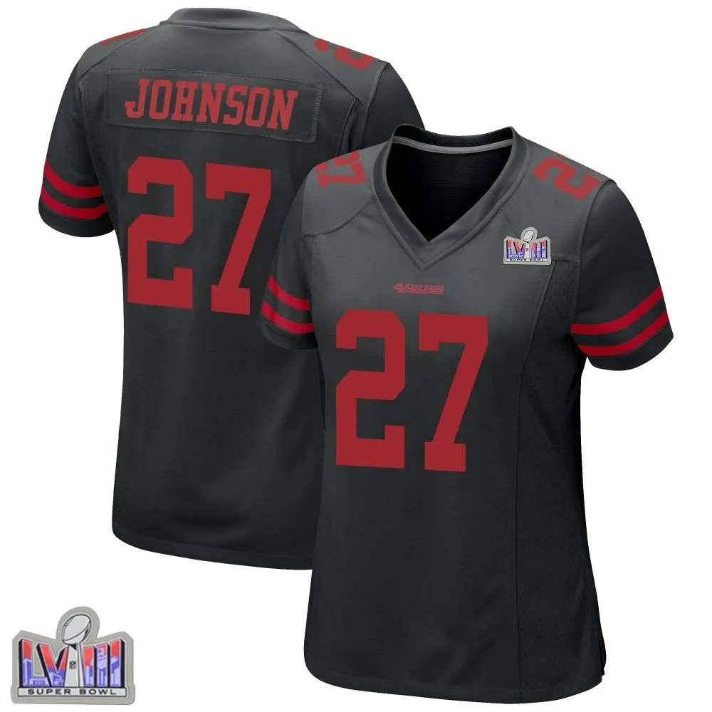 Women's San Francisco 49ers Dontae Johnson Nike Alternate Super Bowl LVIII Patch Game Black Jersey Women's San Francisco 49ers Dontae Johnson Nike Alternate Super Bowl LVIII Patch Game Black Jersey