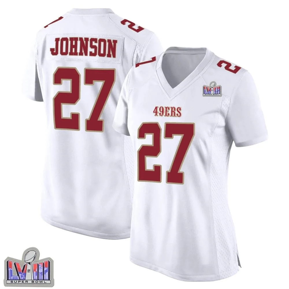 Women's San Francisco 49ers Dontae Johnson Nike Fashion Super Bowl LVIII Patch Game White Jersey Women's San Francisco 49ers Dontae Johnson Nike Fashion Super Bowl LVIII Patch Game White Jersey
