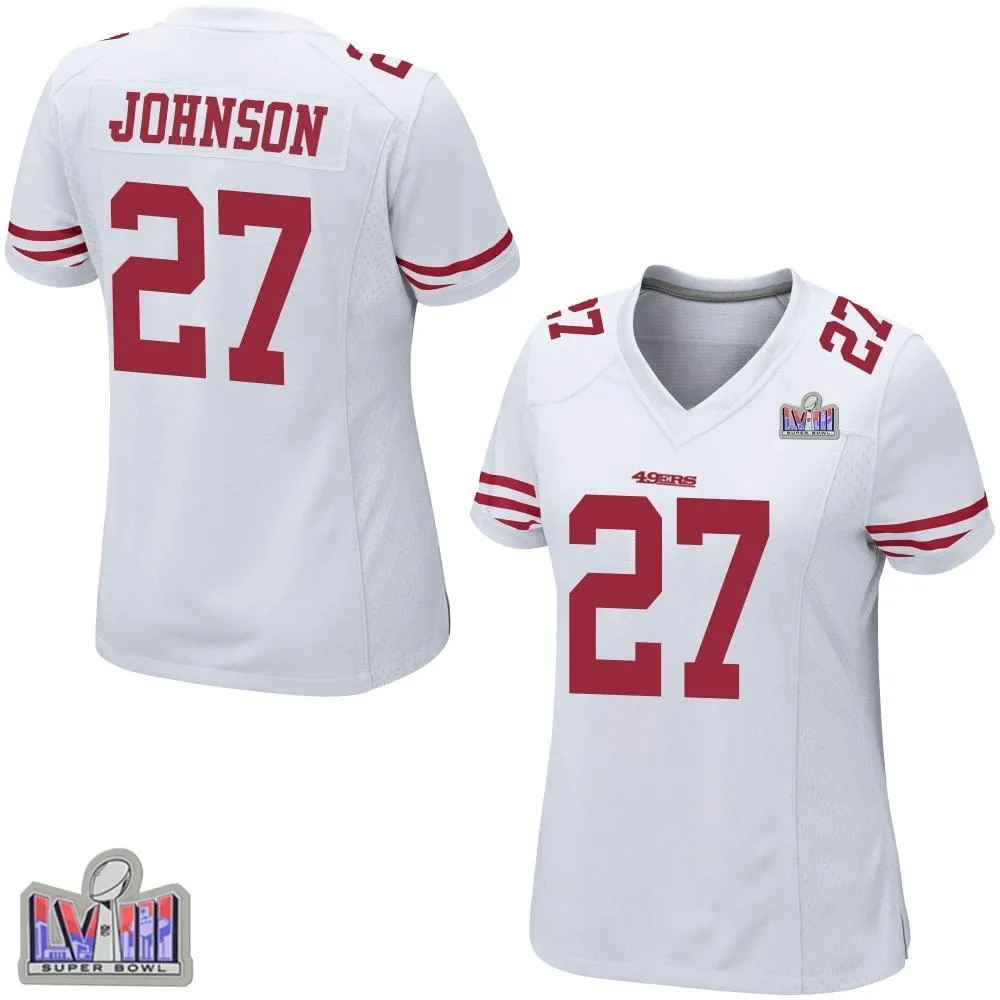 Women's San Francisco 49ers Dontae Johnson Nike Super Bowl LVIII Patch Game White Jersey Women's San Francisco 49ers Dontae Johnson Nike Super Bowl LVIII Patch Game White Jersey