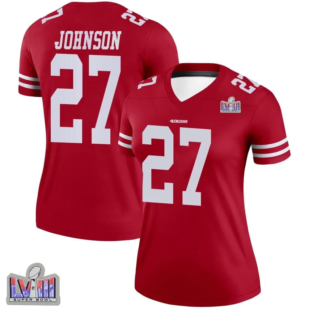 Women's San Francisco 49ers Dontae Johnson Nike Super Bowl LVIII Patch Legend Scarlet Jersey Women's San Francisco 49ers Dontae Johnson Nike Super Bowl LVIII Patch Legend Scarlet Jersey