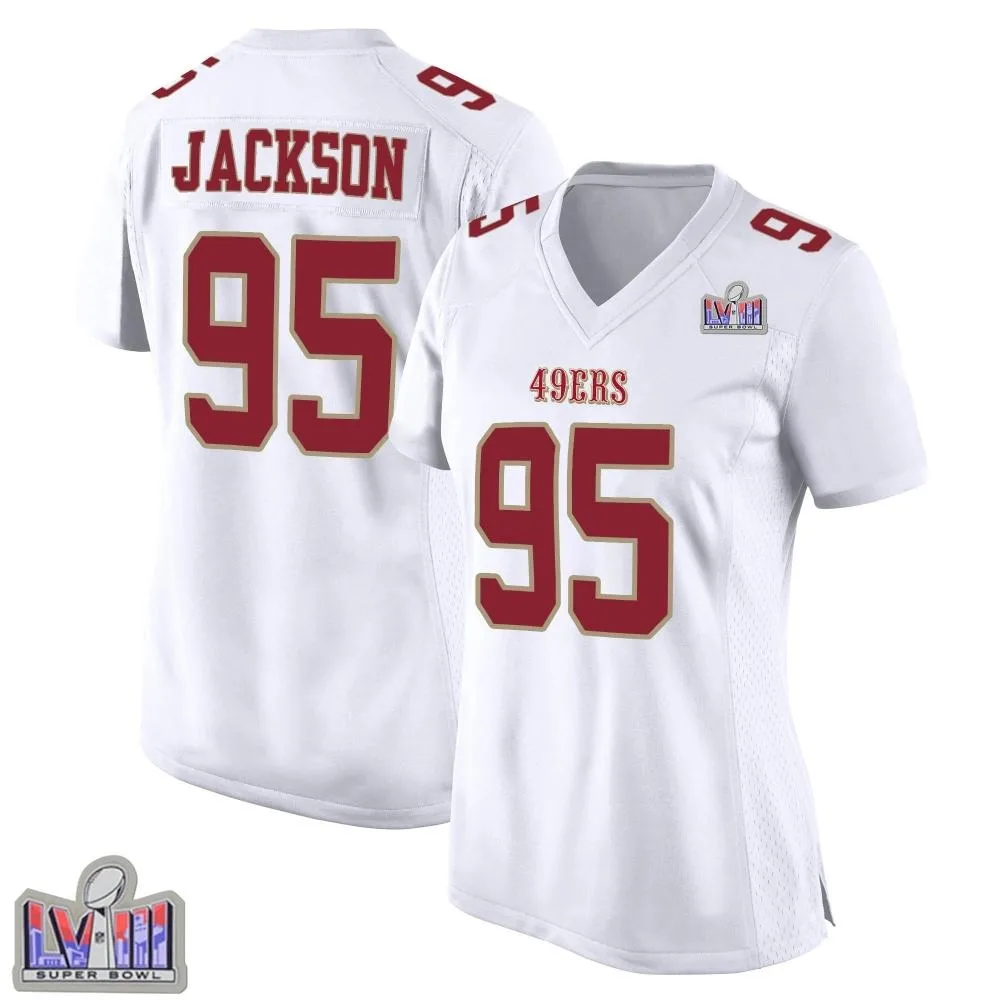 Women's San Francisco 49ers Drake Jackson Nike Fashion Super Bowl LVIII Patch Game White Jersey Women's San Francisco 49ers Drake Jackson Nike Fashion Super Bowl LVIII Patch Game White Jersey
