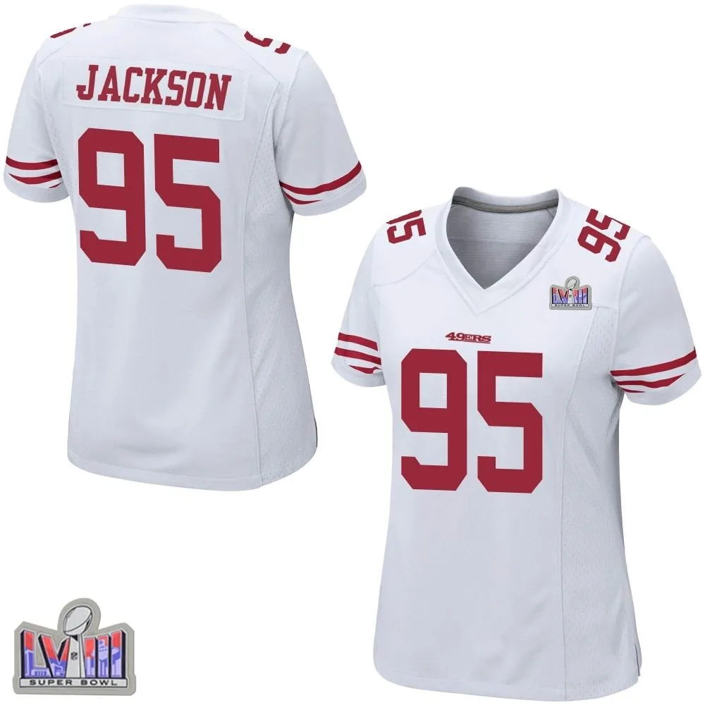 Women's San Francisco 49ers Drake Jackson Nike Super Bowl LVIII Patch Game White Jersey Women's San Francisco 49ers Drake Jackson Nike Super Bowl LVIII Patch Game White Jersey