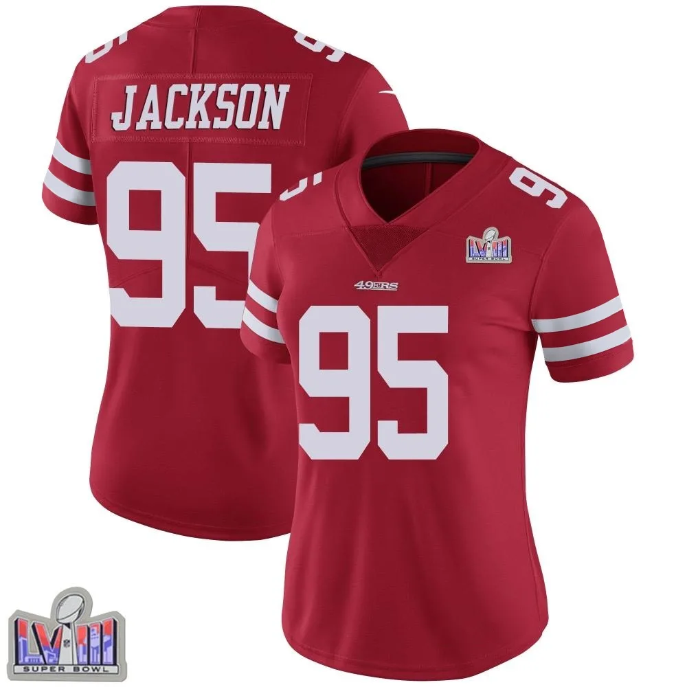 Women's San Francisco 49ers Drake Jackson Nike Team Color Vapor Untouchable Super Bowl LVIII Patch Limited Red Jersey Women's San Francisco 49ers Drake Jackson Nike Team Color Vapor Untouchable Super Bowl LVIII Patch Limited Red Jersey