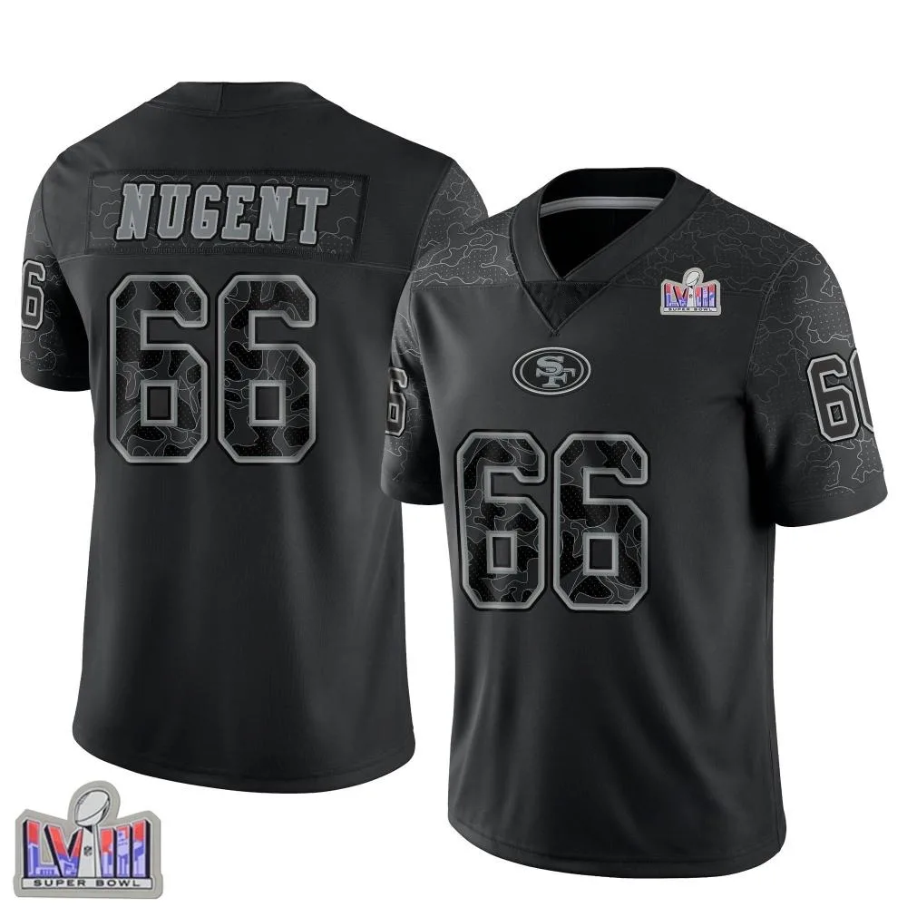 Men's San Francisco 49ers Drake Nugent Nike Reflective Super Bowl LVIII Patch Limited Black Jersey Men's San Francisco 49ers Drake Nugent Nike Reflective Super Bowl LVIII Patch Limited Black Jersey