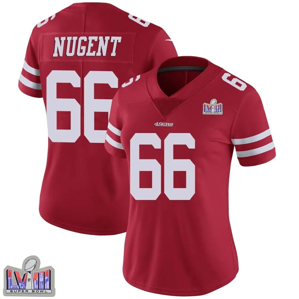 Women's San Francisco 49ers Drake Nugent Nike Team Color Vapor Untouchable Super Bowl LVIII Patch Limited Red Jersey Women's San Francisco 49ers Drake Nugent Nike Team Color Vapor Untouchable Super Bowl LVIII Patch Limited Red Jersey
