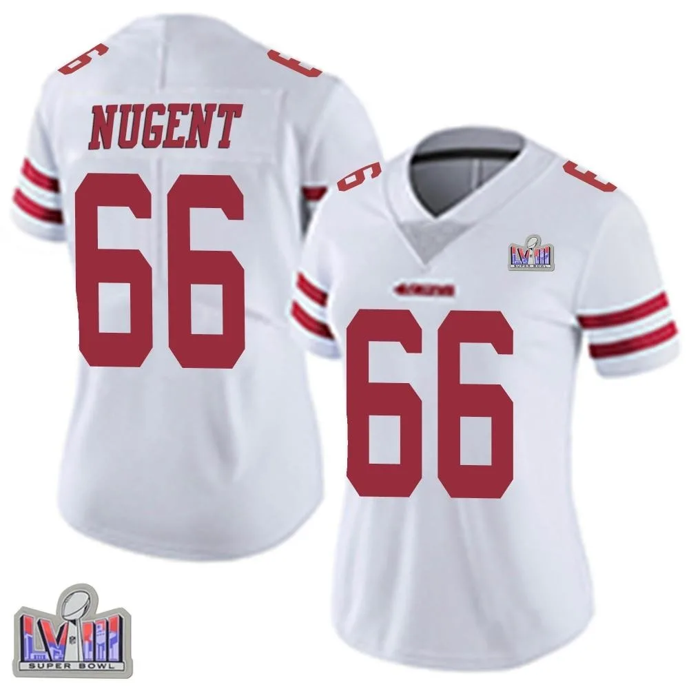 Women's San Francisco 49ers Drake Nugent Nike Vapor Untouchable Super Bowl LVIII Patch Limited White Jersey Women's San Francisco 49ers Drake Nugent Nike Vapor Untouchable Super Bowl LVIII Patch Limited White Jersey