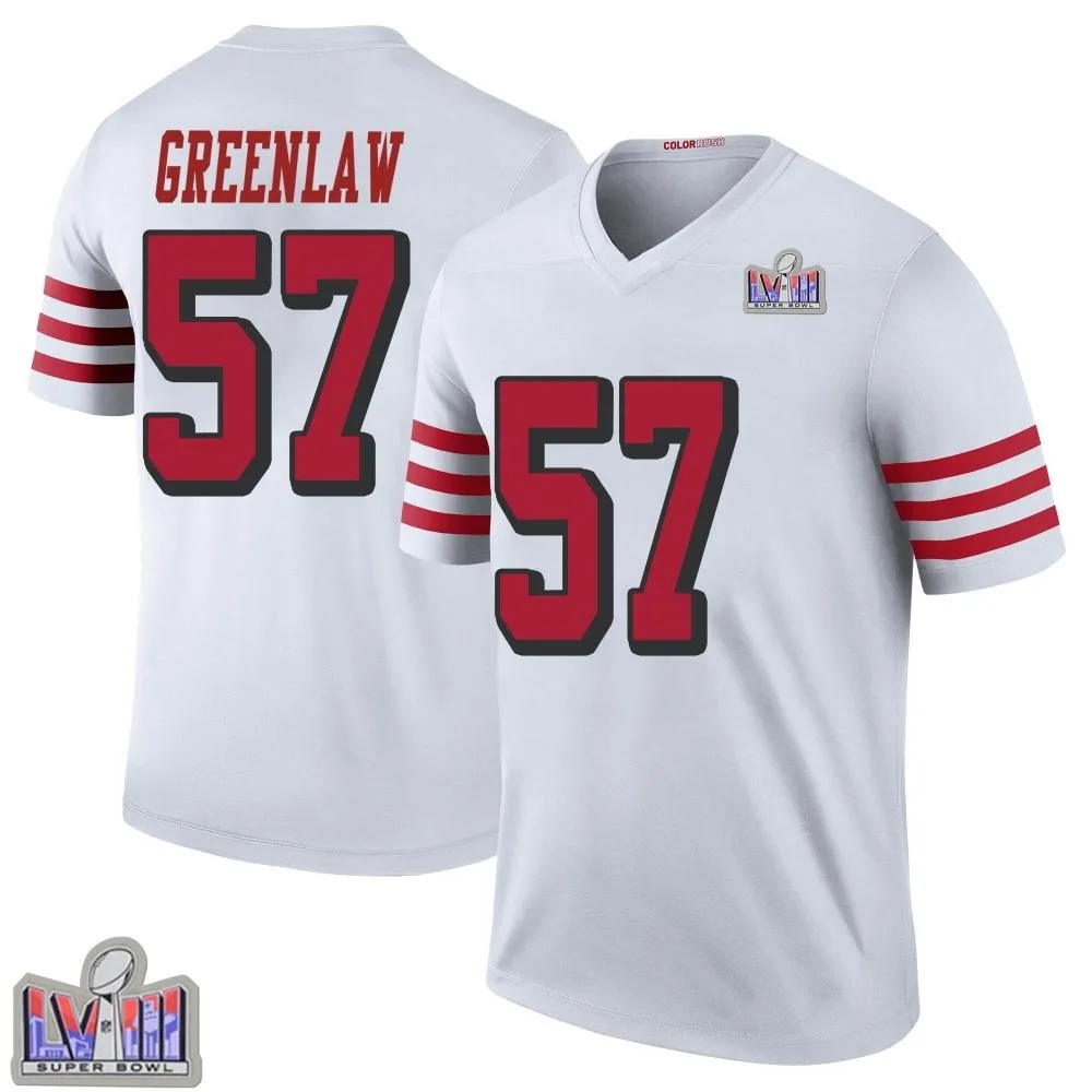 Men's San Francisco 49ers Dre Greenlaw Nike Color Rush Super Bowl LVIII Patch Legend White Jersey Men's San Francisco 49ers Dre Greenlaw Nike Color Rush Super Bowl LVIII Patch Legend White Jersey