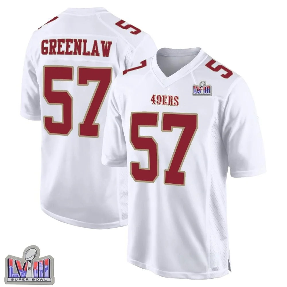 Men's San Francisco 49ers Dre Greenlaw Nike Fashion Super Bowl LVIII Patch Game White Jersey Men's San Francisco 49ers Dre Greenlaw Nike Fashion Super Bowl LVIII Patch Game White Jersey