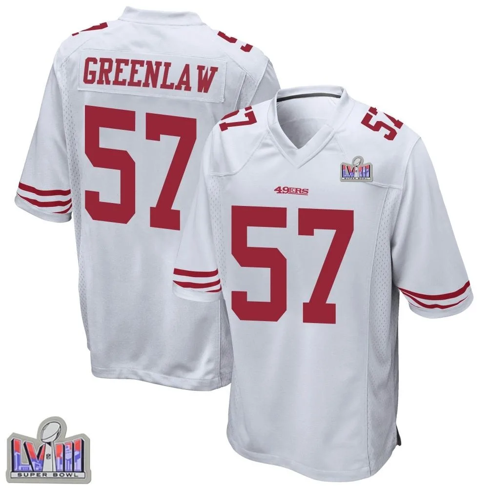 Men's San Francisco 49ers Dre Greenlaw Nike Super Bowl LVIII Patch Game White Jersey Men's San Francisco 49ers Dre Greenlaw Nike Super Bowl LVIII Patch Game White Jersey