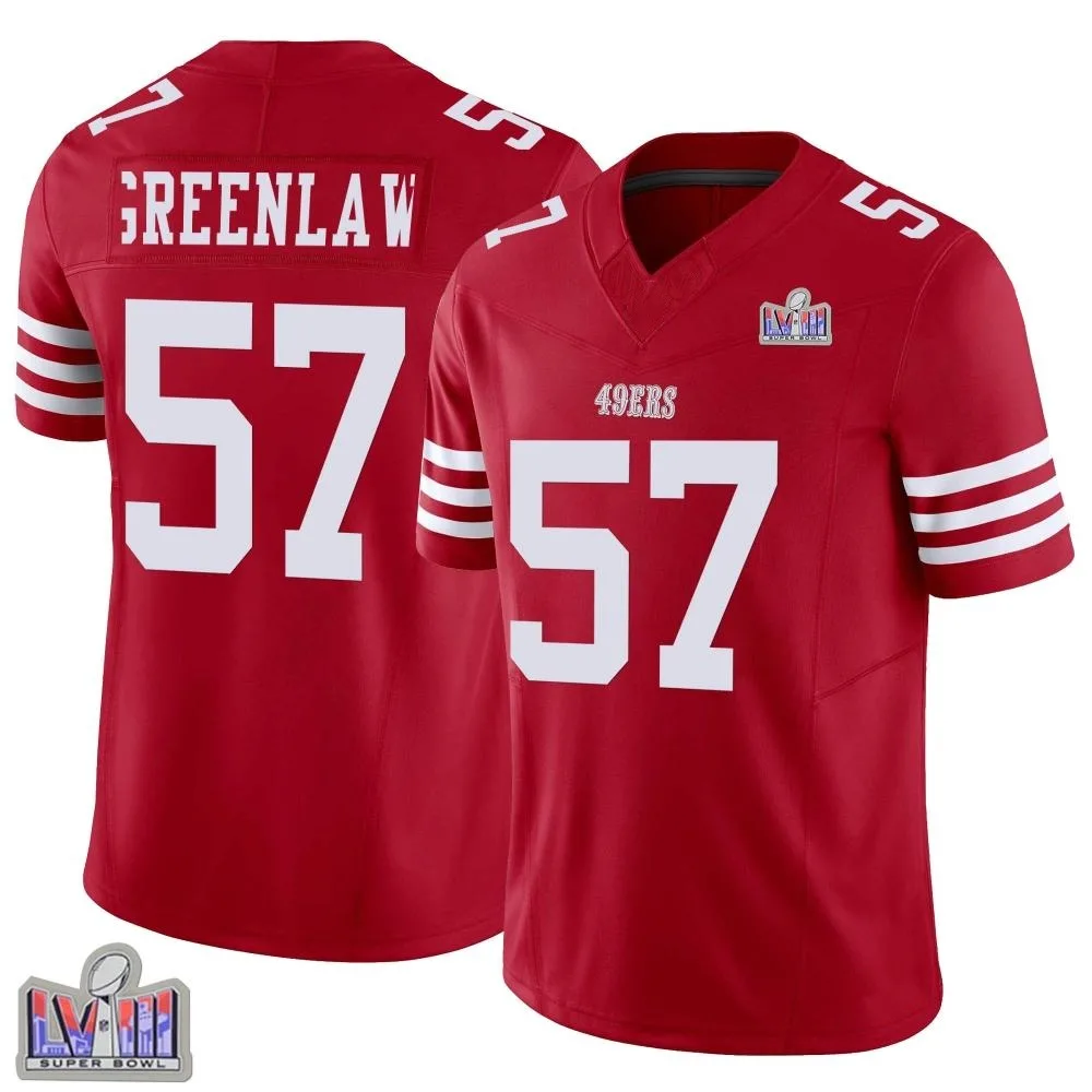Men's San Francisco 49ers Dre Greenlaw Nike Vapor F.U.S.E. Super Bowl LVIII Patch Limited Scarlet Jersey Men's San Francisco 49ers Dre Greenlaw Nike Vapor F.U.S.E. Super Bowl LVIII Patch Limited Scarlet Jersey