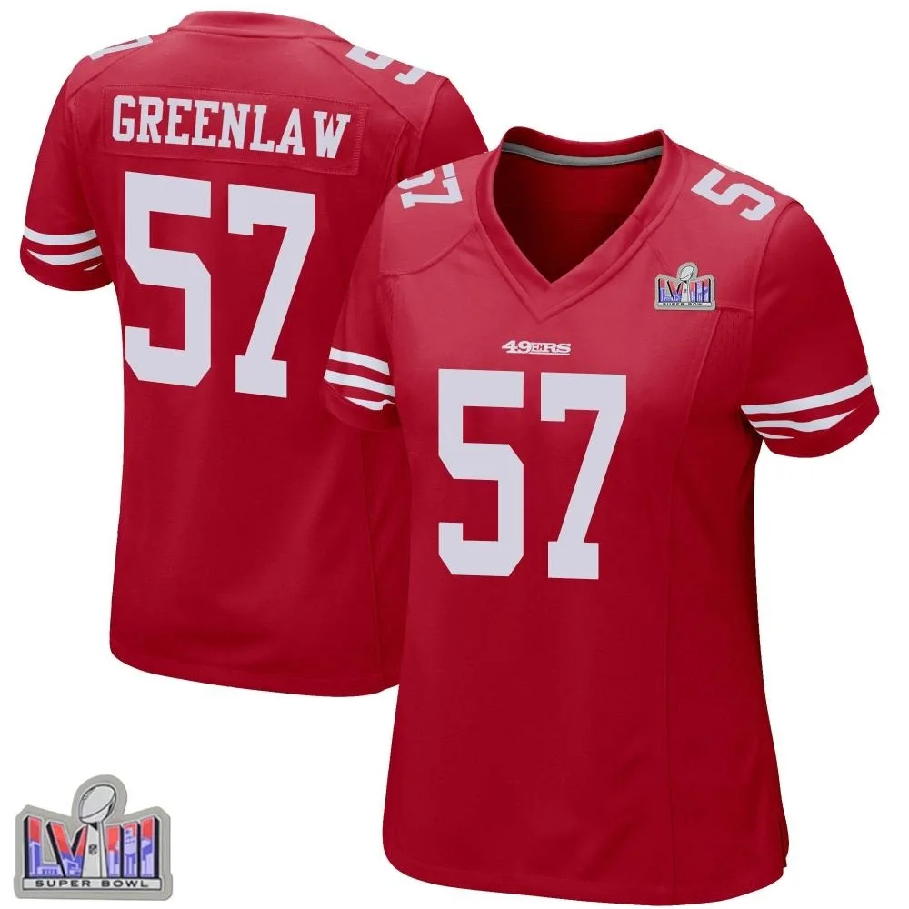 Women's San Francisco 49ers Dre Greenlaw Nike Team Color Super Bowl LVIII Patch Game Red Jersey Women's San Francisco 49ers Dre Greenlaw Nike Team Color Super Bowl LVIII Patch Game Red Jersey