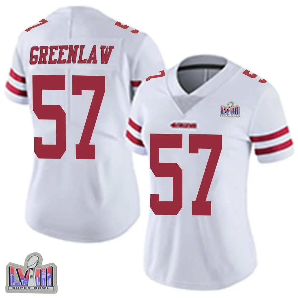 Women's San Francisco 49ers Dre Greenlaw Nike Vapor Untouchable Super Bowl LVIII Patch Limited White Jersey Women's San Francisco 49ers Dre Greenlaw Nike Vapor Untouchable Super Bowl LVIII Patch Limited White Jersey