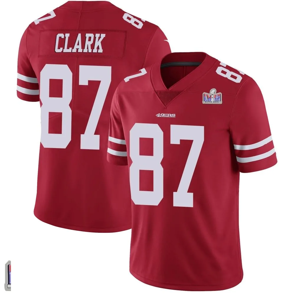 Men's San Francisco 49ers Dwight Clark Nike Team Color Vapor Untouchable Super Bowl LVIII Patch Limited Red Jersey Men's San Francisco 49ers Dwight Clark Nike Team Color Vapor Untouchable Super Bowl LVIII Patch Limited Red Jersey