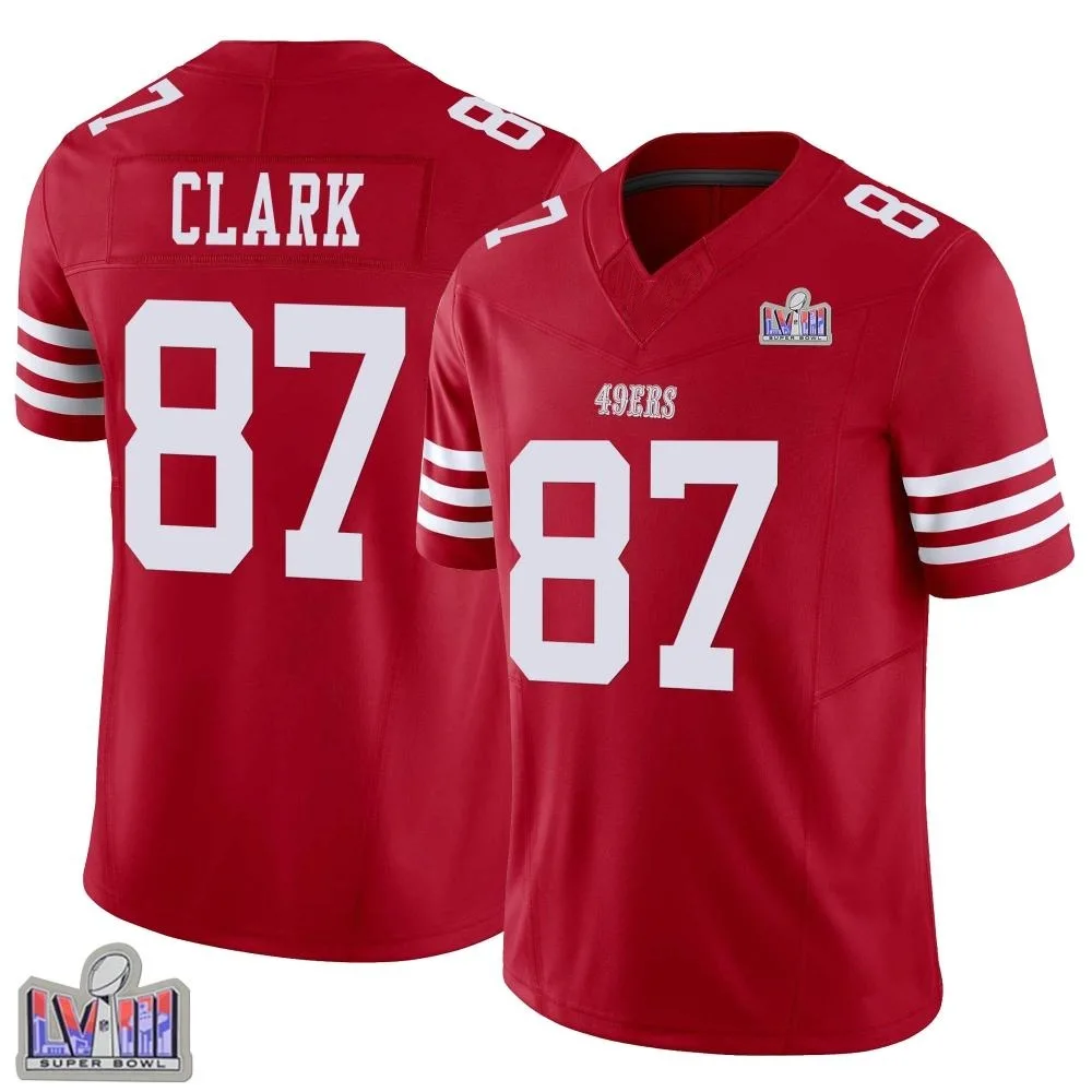 Men's San Francisco 49ers Dwight Clark Nike Vapor F.U.S.E. Super Bowl LVIII Patch Limited Scarlet Jersey Men's San Francisco 49ers Dwight Clark Nike Vapor F.U.S.E. Super Bowl LVIII Patch Limited Scarlet Jersey