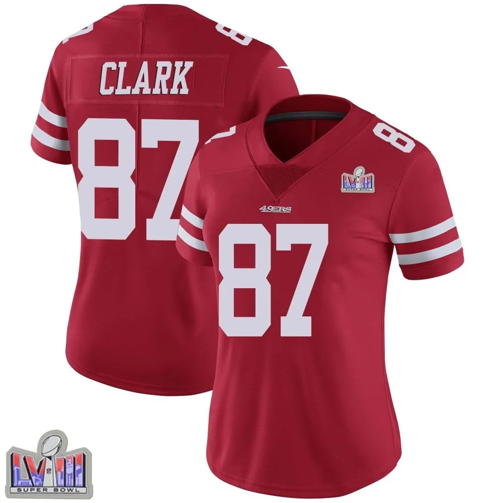Women's San Francisco 49ers Dwight Clark Nike Team Color Vapor Untouchable Super Bowl LVIII Patch Limited Red Jersey Women's San Francisco 49ers Dwight Clark Nike Team Color Vapor Untouchable Super Bowl LVIII Patch Limited Red Jersey