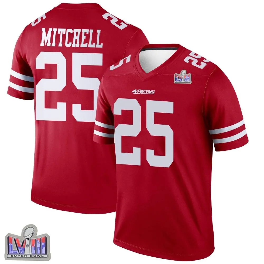 Men's San Francisco 49ers Elijah Mitchell Nike Super Bowl LVIII Patch Legend Scarlet Jersey Men's San Francisco 49ers Elijah Mitchell Nike Super Bowl LVIII Patch Legend Scarlet Jersey