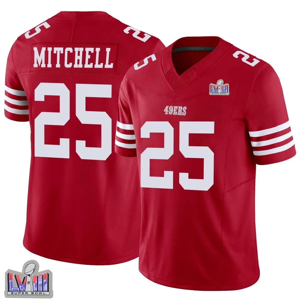 Men's San Francisco 49ers Elijah Mitchell Nike Vapor F.U.S.E. Super Bowl LVIII Patch Limited Scarlet Jersey Men's San Francisco 49ers Elijah Mitchell Nike Vapor F.U.S.E. Super Bowl LVIII Patch Limited Scarlet Jersey