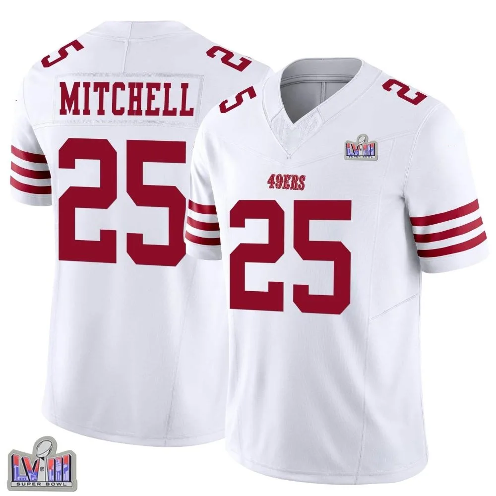 Men's San Francisco 49ers Elijah Mitchell Nike Vapor F.U.S.E. Super Bowl LVIII Patch Limited White Jersey Men's San Francisco 49ers Elijah Mitchell Nike Vapor F.U.S.E. Super Bowl LVIII Patch Limited White Jersey