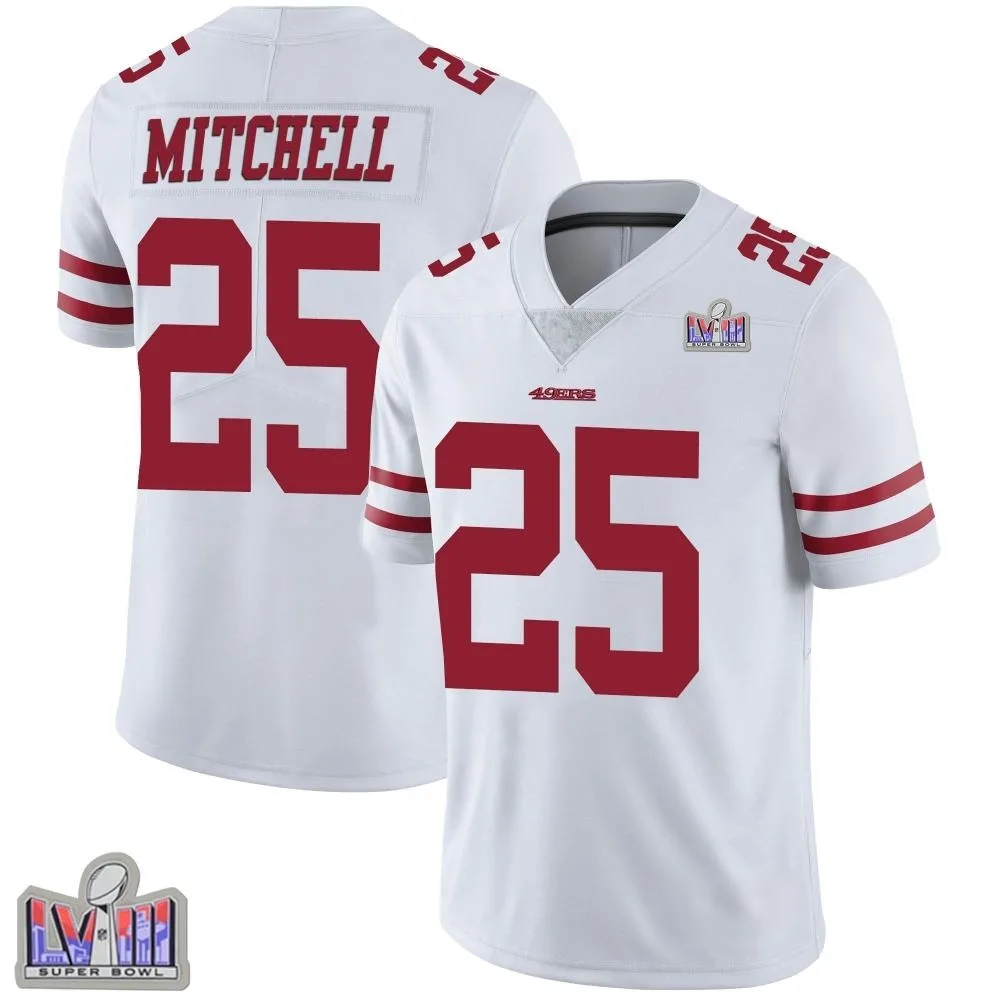 Men's San Francisco 49ers Elijah Mitchell Nike Vapor Untouchable Super Bowl LVIII Patch Limited White Jersey Men's San Francisco 49ers Elijah Mitchell Nike Vapor Untouchable Super Bowl LVIII Patch Limited White Jersey