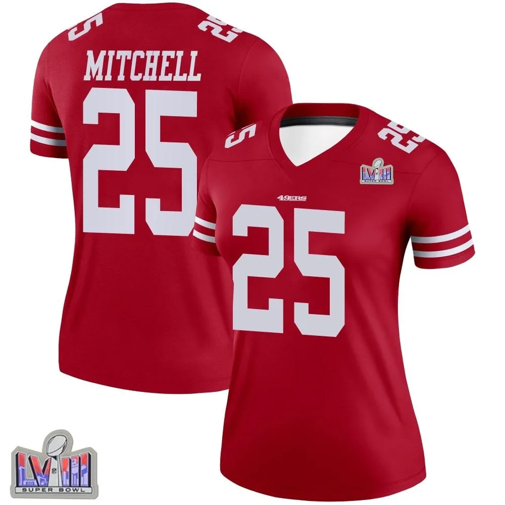 Women's San Francisco 49ers Elijah Mitchell Nike Super Bowl LVIII Patch Legend Scarlet Jersey Women's San Francisco 49ers Elijah Mitchell Nike Super Bowl LVIII Patch Legend Scarlet Jersey