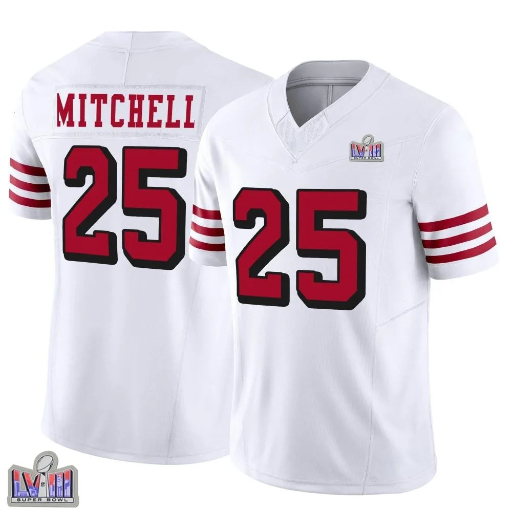 Youth San Francisco 49ers Elijah Mitchell Nike Alternate Vapor F.U.S.E. Super Bowl LVIII Patch Limited White Jersey Youth San Francisco 49ers Elijah Mitchell Nike Alternate Vapor F.U.S.E. Super Bowl LVIII Patch Limited White Jersey