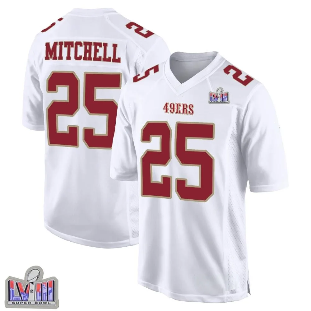 Youth San Francisco 49ers Elijah Mitchell Nike Fashion Super Bowl LVIII Patch Game White Jersey Youth San Francisco 49ers Elijah Mitchell Nike Fashion Super Bowl LVIII Patch Game White Jersey