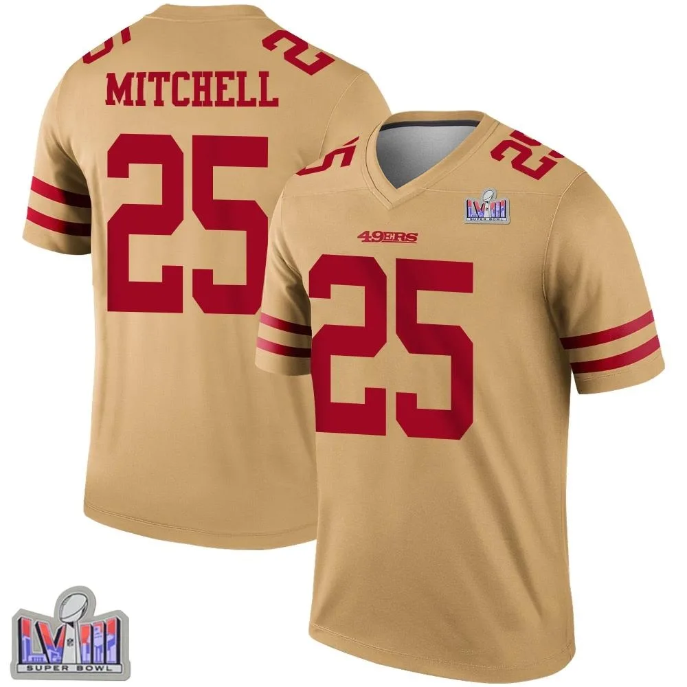 Youth San Francisco 49ers Elijah Mitchell Nike Inverted Super Bowl LVIII Patch Legend Gold Jersey Youth San Francisco 49ers Elijah Mitchell Nike Inverted Super Bowl LVIII Patch Legend Gold Jersey