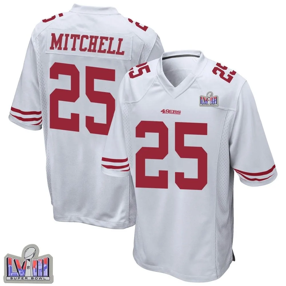 Youth San Francisco 49ers Elijah Mitchell Nike Super Bowl LVIII Patch Game White Jersey Youth San Francisco 49ers Elijah Mitchell Nike Super Bowl LVIII Patch Game White Jersey