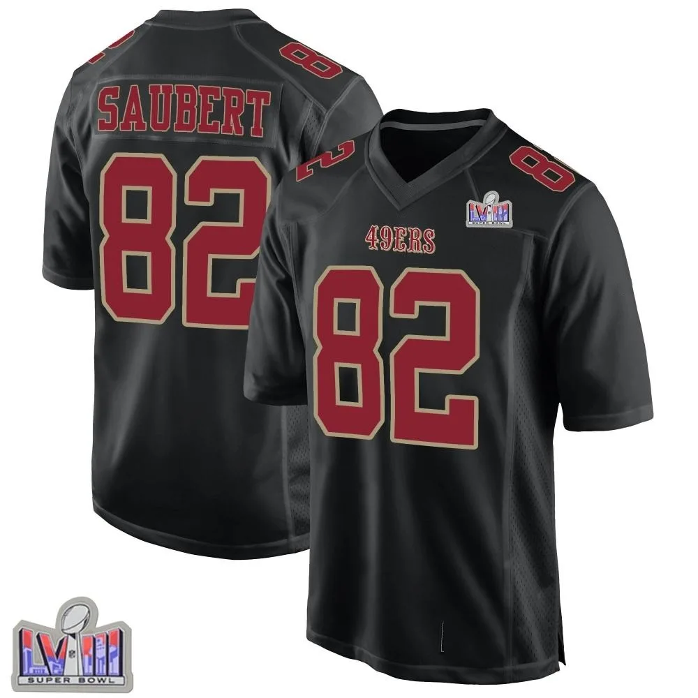 Men's San Francisco 49ers Eric Saubert Nike Fashion Super Bowl LVIII Patch Game Black Jersey Men's San Francisco 49ers Eric Saubert Nike Fashion Super Bowl LVIII Patch Game Black Jersey