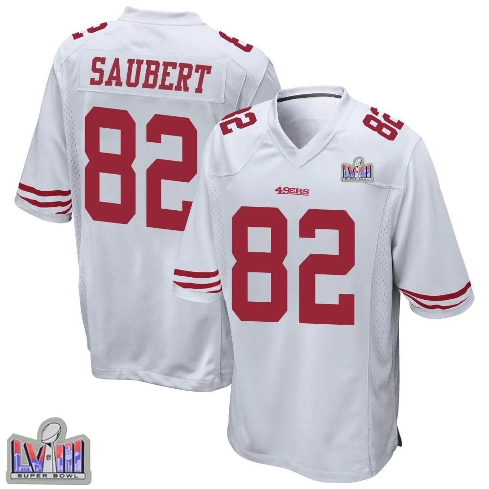 Men's San Francisco 49ers Eric Saubert Nike Super Bowl LVIII Patch Game White Jersey Men's San Francisco 49ers Eric Saubert Nike Super Bowl LVIII Patch Game White Jersey