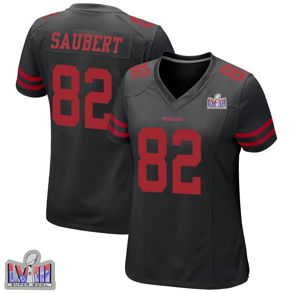 Women's San Francisco 49ers Eric Saubert Nike Alternate Super Bowl LVIII Patch Game Black Jersey Women's San Francisco 49ers Eric Saubert Nike Alternate Super Bowl LVIII Patch Game Black Jersey