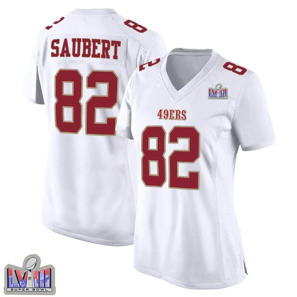 Women's San Francisco 49ers Eric Saubert Nike Fashion Super Bowl LVIII Patch Game White Jersey Women's San Francisco 49ers Eric Saubert Nike Fashion Super Bowl LVIII Patch Game White Jersey