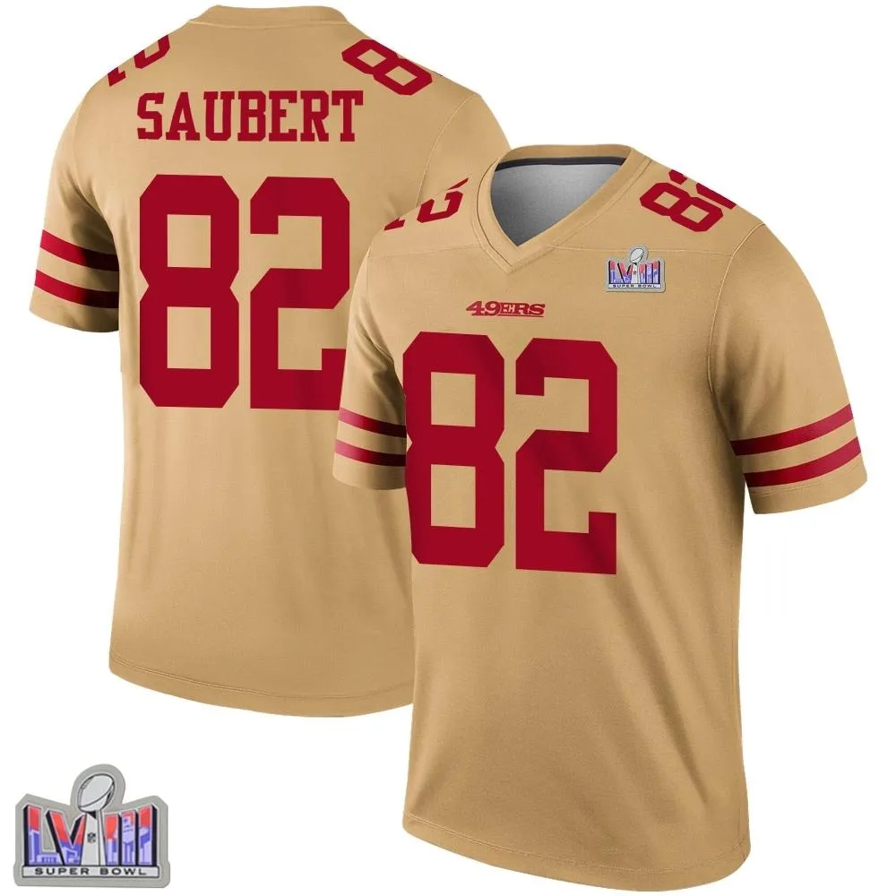 Youth San Francisco 49ers Eric Saubert Nike Inverted Super Bowl LVIII Patch Legend Gold Jersey Youth San Francisco 49ers Eric Saubert Nike Inverted Super Bowl LVIII Patch Legend Gold Jersey